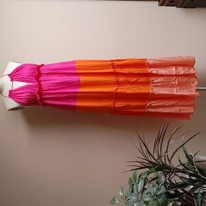 Halter top Maxi Dress Tiered Color Block Pink Orange Size L